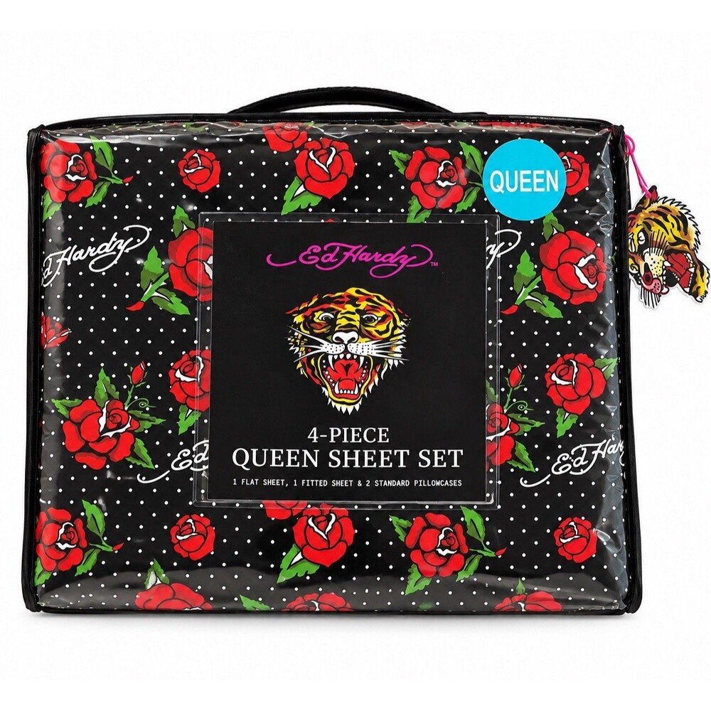 Ed Hardy Queen Sheet Set Black Red Roses Polka Dot Y2K Tattoo 4 Piece New